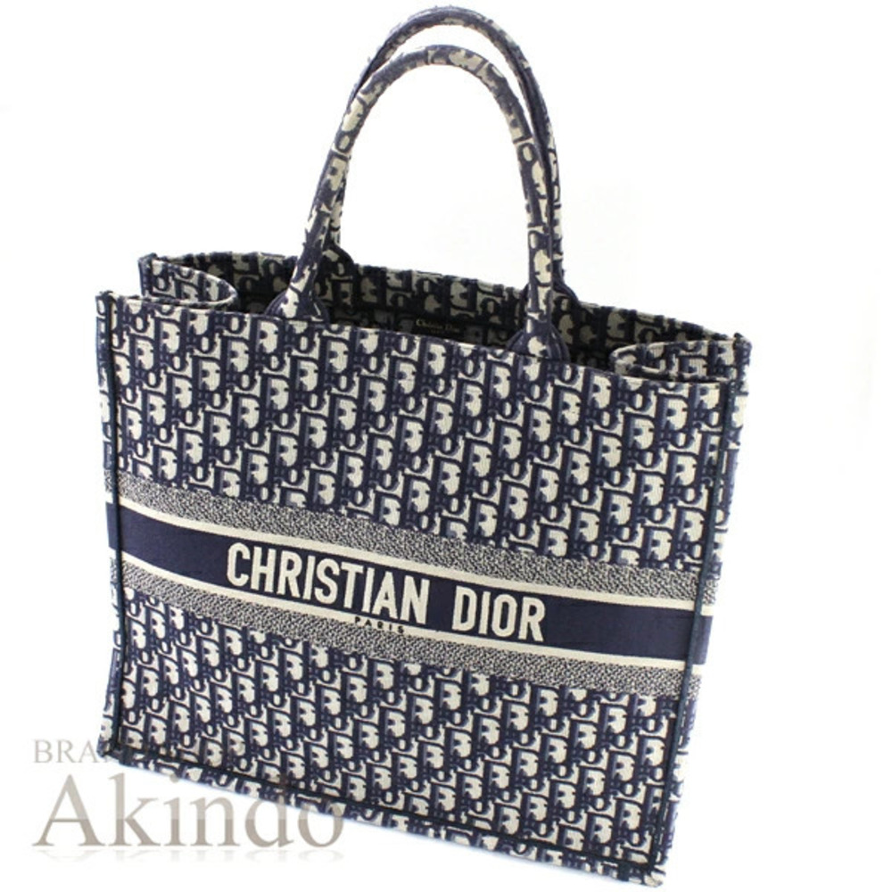 Christian Dior Book Tote Handbag Navy Blue Oblique Embroidery Shoulder Bag